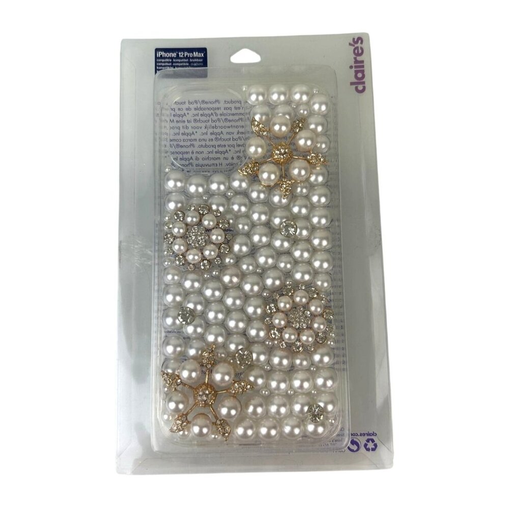 Claire's Iphone 12 ProMax Protective Phone Case White Pearl Rhinestone Floral